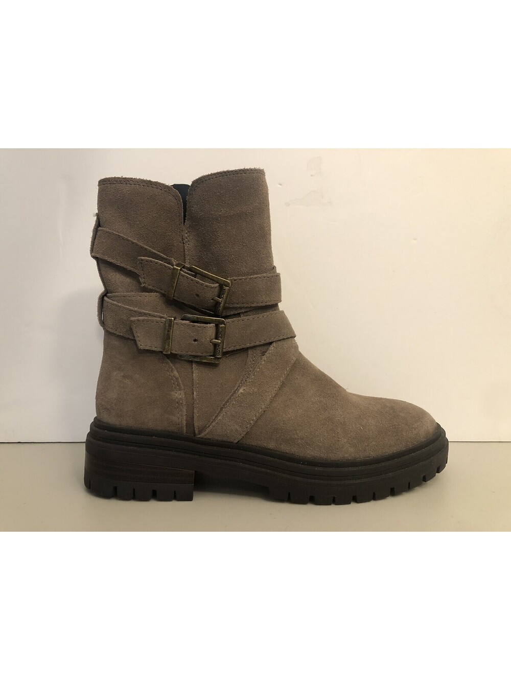 Vince Camuto Womens 6.5 M Taupe Suede Bootie Zip Side Buckled Strap Chunky Sole